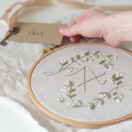 A close-up of a hand holding a kraft paper tag next to a wooden embroidery hoop containing a light green mistletoe floral wreath and a monogram letter 'A' stitched on beige linen fabric.